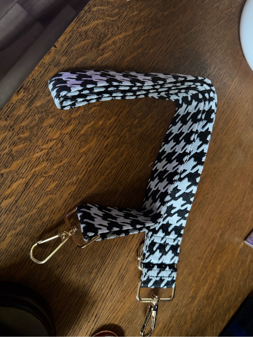 Houndstooth Adjustable Bag Strap with Gold Hardware - Black & White
